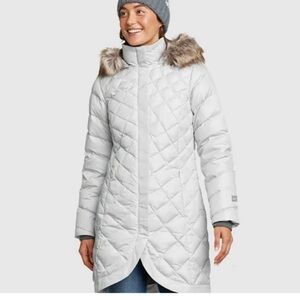 Eddie Bauer Goose Down Women's Light Gray Puffer Coat w Removable Faux Fur Trim